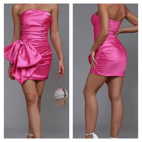Womens Strapless Mini Dress Size XS Hot Pink Ruched Bow Cocktail HOCO Party Prom - Picture 2 of 12